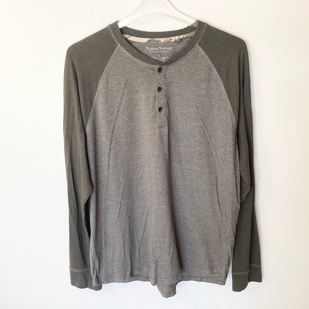 Tailor Vintage Long Sleeve Color Block Henley Shirt - Green - L
